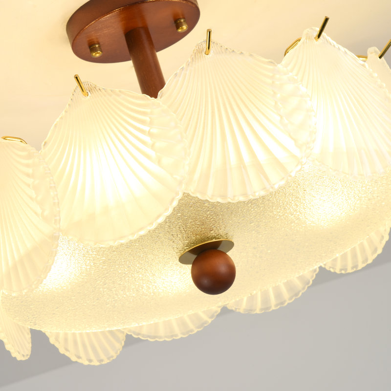 Plafonnier semi-encastré à 5 lumières de style moderne du milieu du siècle, en verre et en bois, en forme de coquillage festonné, 15,74 po