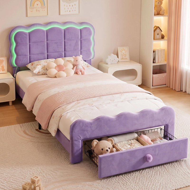 Structure de lit simple avec lumières DEL et tiroir de rangement, mauve | Tête de lit ondulée réglable, lit plateforme tapissier en velours pour enfants, support de lattes en bois massif, aucun sommier tapissier requis