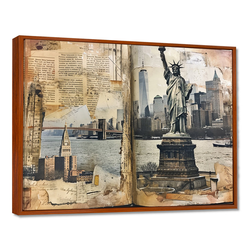 Statue de la liberté, revues rétro collage - New York City Wall Art Decor, Cadre flottant brun, H 12 po x l 20 po