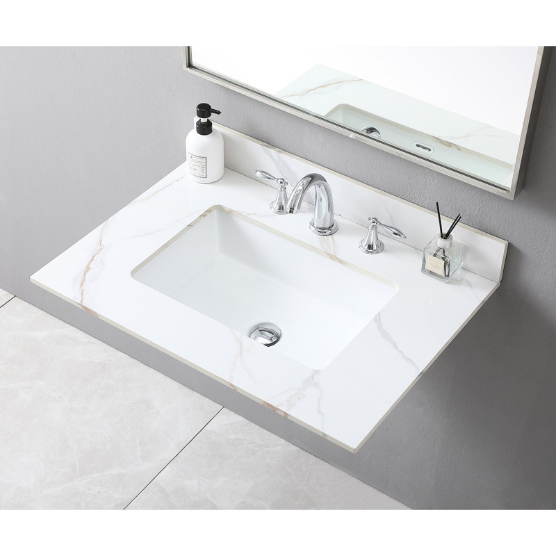 Comptoir de meuble-lavabo 31 po avec pierre dorée, lavabo encastré en céramique, dosseret, pour meuble-lavabo de 30 po de luxe, comptoir fritté de 31 po
