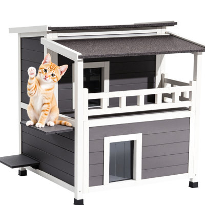 2 - Story Cat Shelter With Foam Insulated Walls, Balcony, Waterproof, Spacious Platform, Comfortable Living For 1 3 Cats In Cold Climates Wooden House, Insulated, , Higher Vantage Point Indoor &