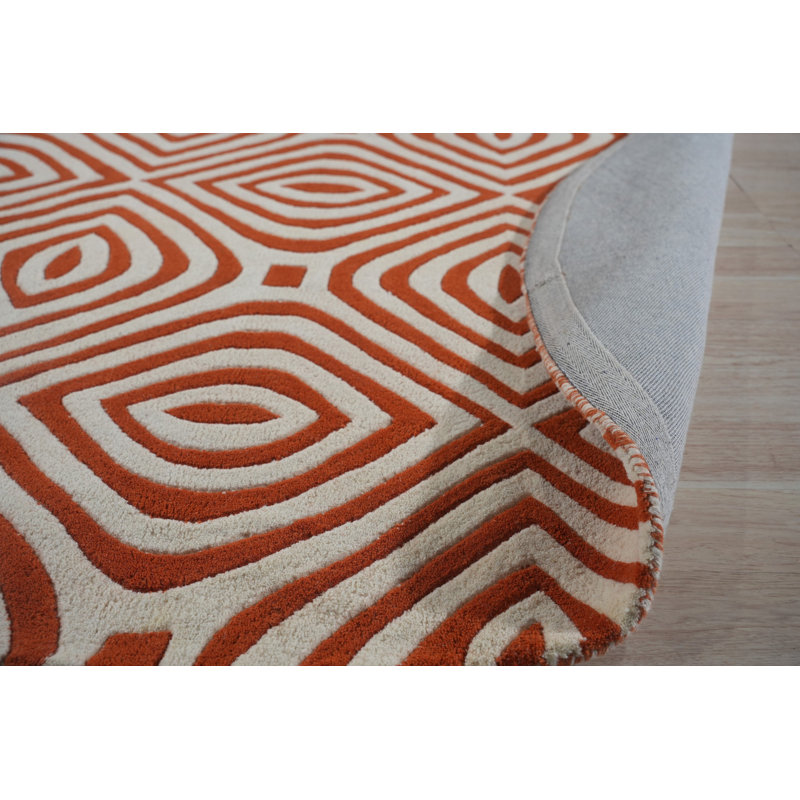 Ivory and Orange Geometric Hand-Tufted Wool Rug