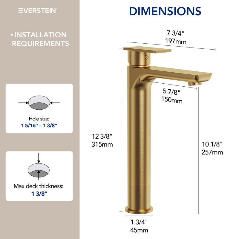 Single Hole Vessel Bathroom Faucet, Single Handle Bathroom Sink Faucet with Drain Assembly, Brushed Gold