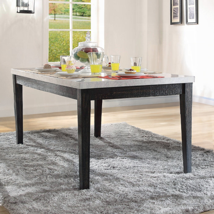 ACME Nolan Dining Table, White Nature Marble Top & Salvage Dark Oak