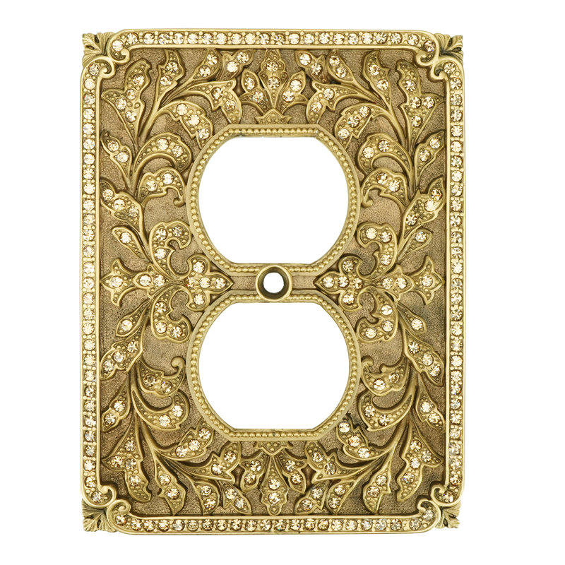 DBL OUTLET SWITCH COVER; LT. COLORADO DECORATED WITH SWAROVSKI CRYSTALS; IN FLORENTINE GOLD