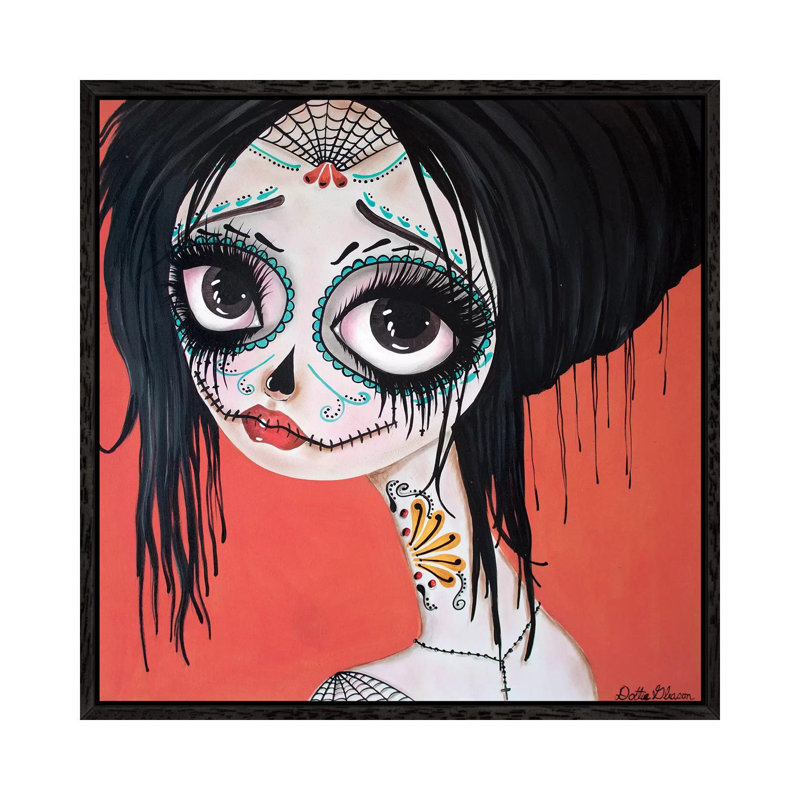 Day Of The Dead #10 by Dottie Gleason - Painting on Canvas, Black Framed, 45.72cm H x 45.72cm W x 3.81cm D