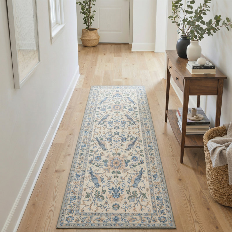 Tapis d'intérieur beige / bleu à motif floral lavable à la machine Aura, Tapis de couloir 2 pi 3 po x 6 pi