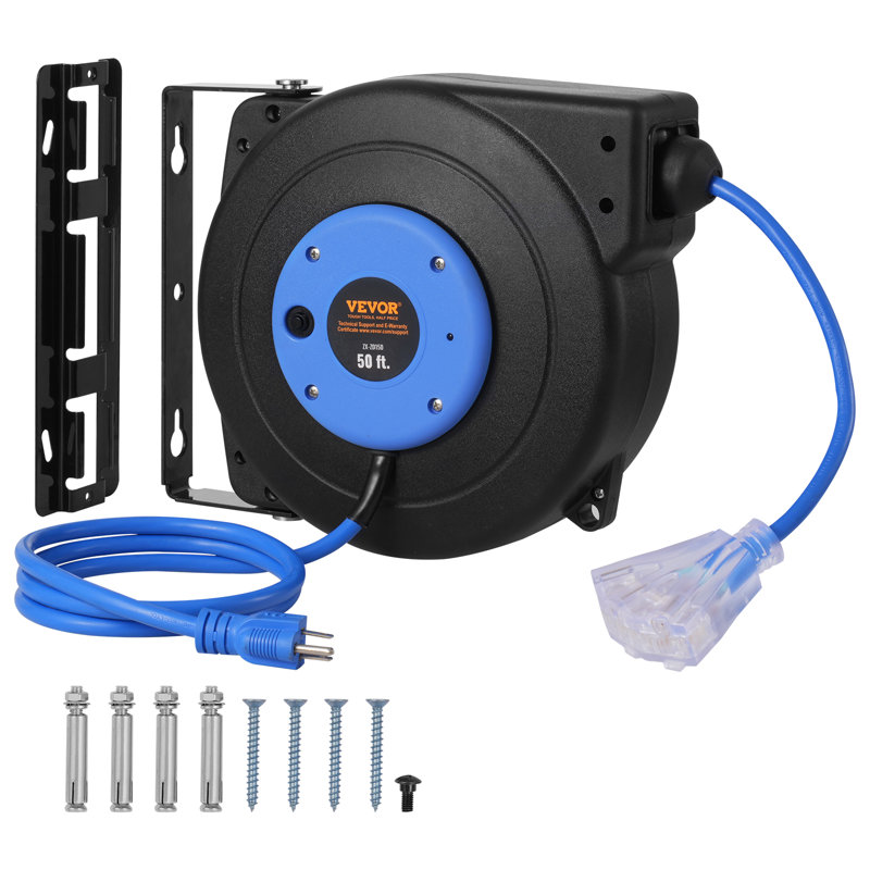 Enrouleur de cordon d'alimentation rétractable 50 pi, Bleu et noir