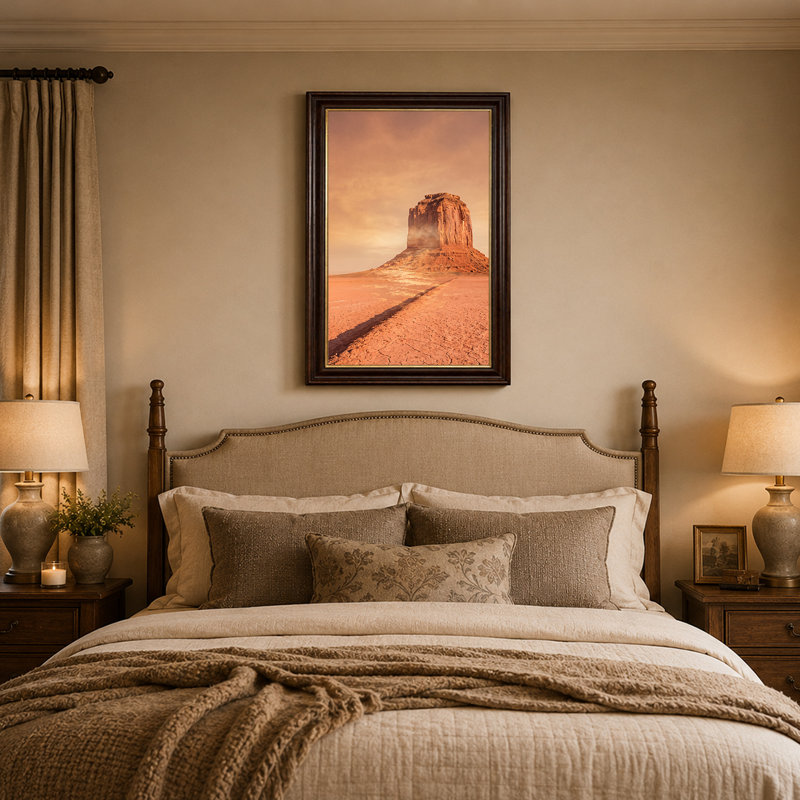 «Red Rock Butte Rising in Hazy Orange Desert Sky», art mural sur toile, 18"H x 12"W
