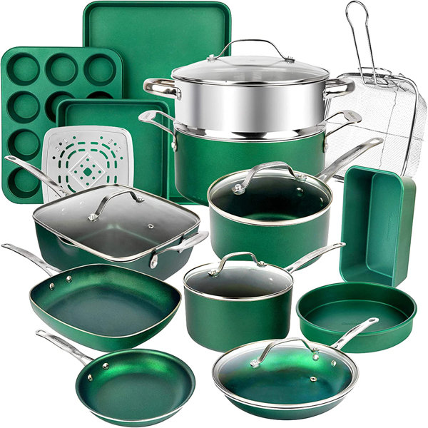 Midas Plus 9 Piece Ceramic Nonstick Cookware Set in Emerald Green, Det