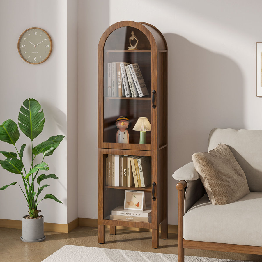 Arched Display Cabinet Bookcase With Acrylic Glass Doors, Curio Cabinet Farmhouse Dining Cabinet With Storage, Arch Accent Cabinet For Living Room