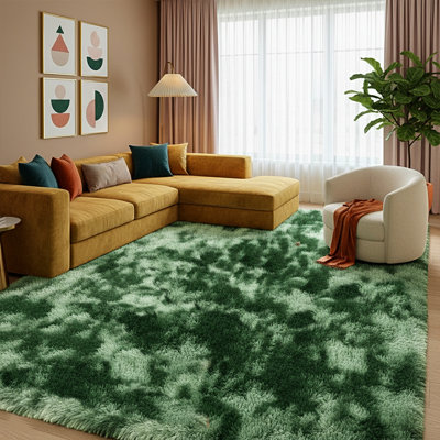 Soft Shag Rug For Living Room, Large Luxury Fluffy Rugs for Bedroom, Upgrade Non Slip Backing, Ideal For High Traffic Areas Indoor, Home Decor Aesthetic, Tie Dye Green