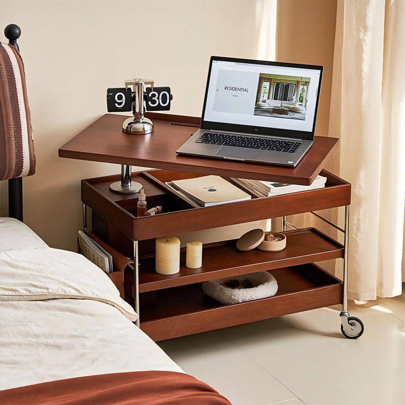 Vintage brownish solid wood height - adjustable mobile side table with storage function