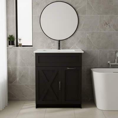 Black Farmhouse-Style Bathroom Vanity (30 Inches) With Sink And Metal Handles, Includes Hair Styling Rack + Power Outlet, Freestanding Design.