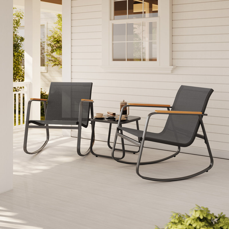 3-Piece Rocking Bistro Set with PVC-coated polyester Chairs – Wooden Armrests, Glass Coffee Table & Cushions, Black