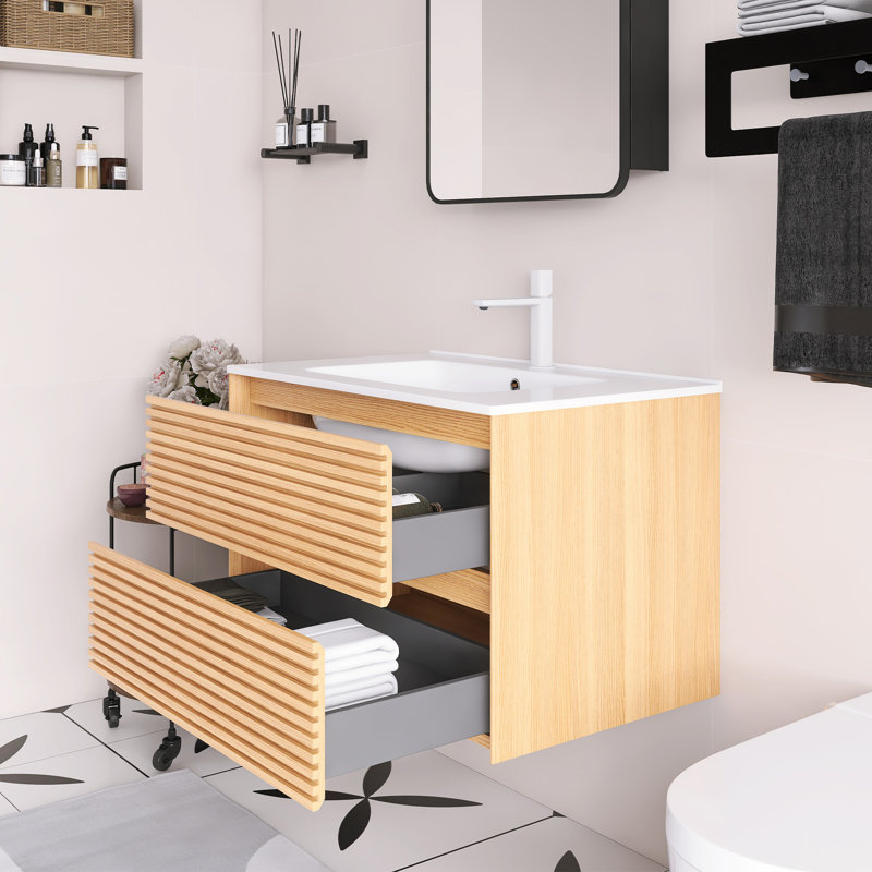 Meuble-lavabo mural en céramique blanc à grain de bois, Chêne, 30