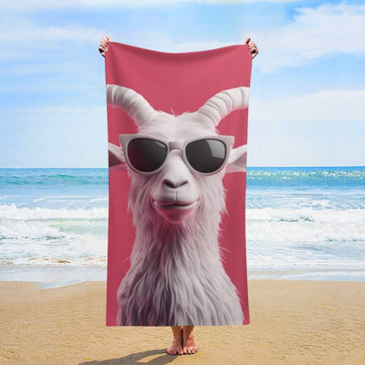 Serviette de plage légère en microfibre ， Une chèvre avec des cornes incurvées en fourrure blanche et des lunettes de soleil noires owels Serviettes compactes pour piscine Accessoires de camping pour la plage (grand, 30 x 60 po)