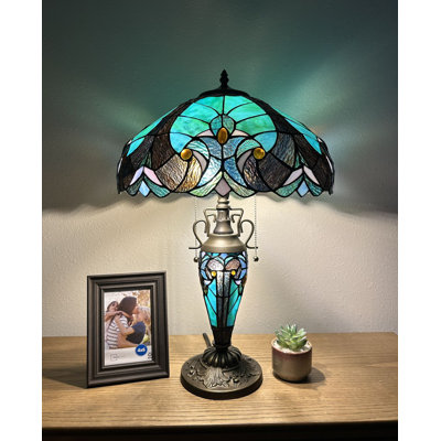 Simonson Tiffany Table Lamp Green Brown Stained Glass And Base LED Bulbs Included 16"W*16"D*24''H