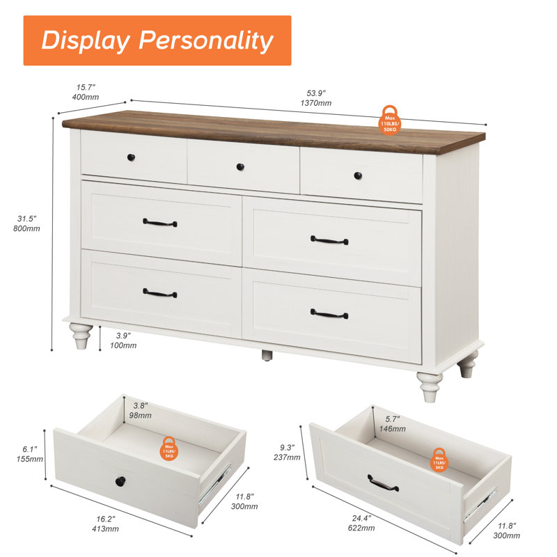 Commode adolescent pour chambre d'enfant, commode 7 tiroirs pour chambre à coucher, Blanc