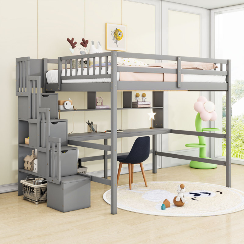 Lit mezzanine double avec bureau et escalier de rangement, Gris