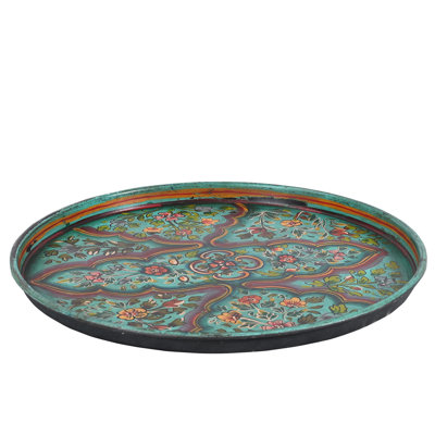 Plateau de service rond en bois 21 po peint à la main pour décoration de table basse
