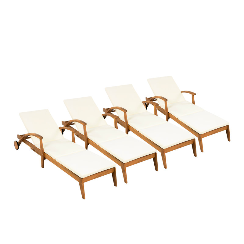 Chaise longue d'extérieur à roulettes en bois, coussin épais de 5 cm, support robuste, bois à conception peu encombrante avec roulettes et crème amovible à 4 positions, résistante aux intempéries, pour le jardin