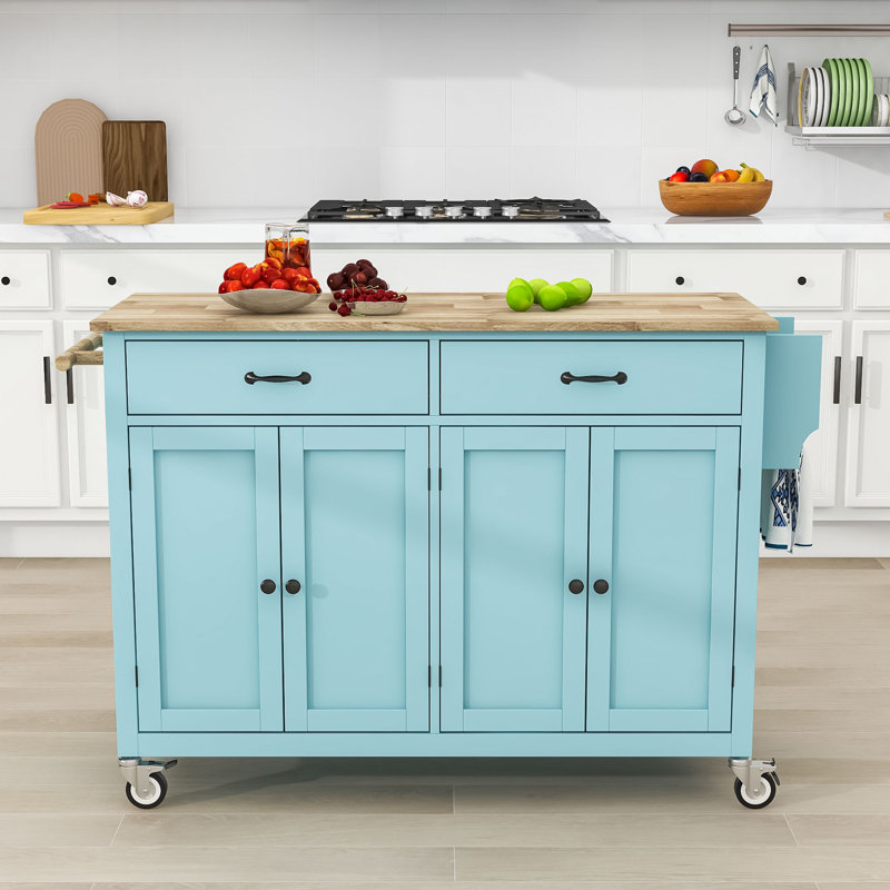 Kitchen Island Cart With 4 Door Cabinet And Two Drawers And 2 Locking Wheels - Solid Wood Top, Mint Green