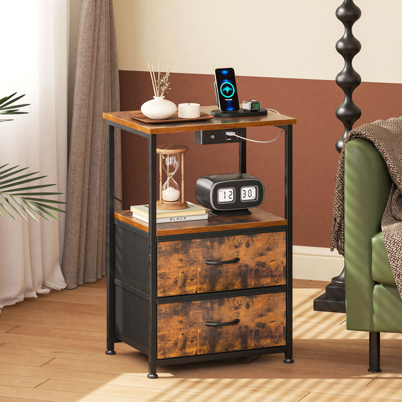 Nightstand With 2 Fabric Drawers,modern Bedside Table With Power Outlets,everyday Side Table With Led Light Strip,end Table With A Large Storage Shelf