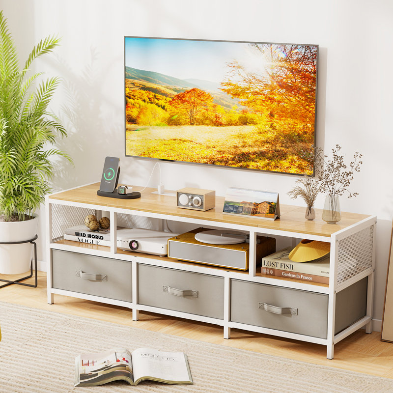 Meuble télé pour téléviseur de 65 po ou moins avec prises de courant USB, Naturel / gris / blanc
