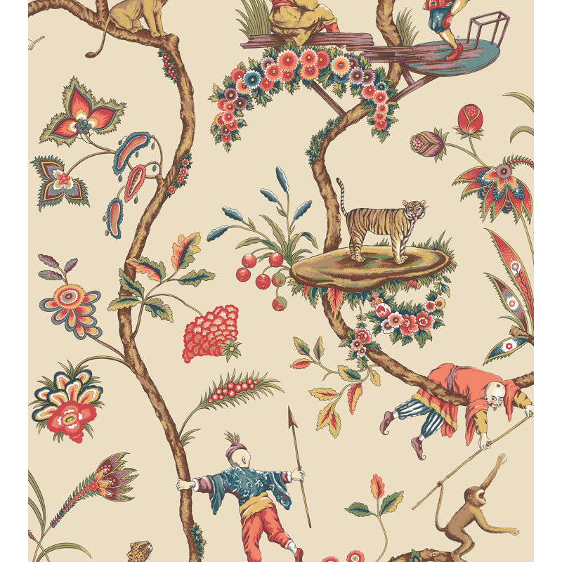 Chinoise Exotique Floral Wallpaper Roll, Ecru