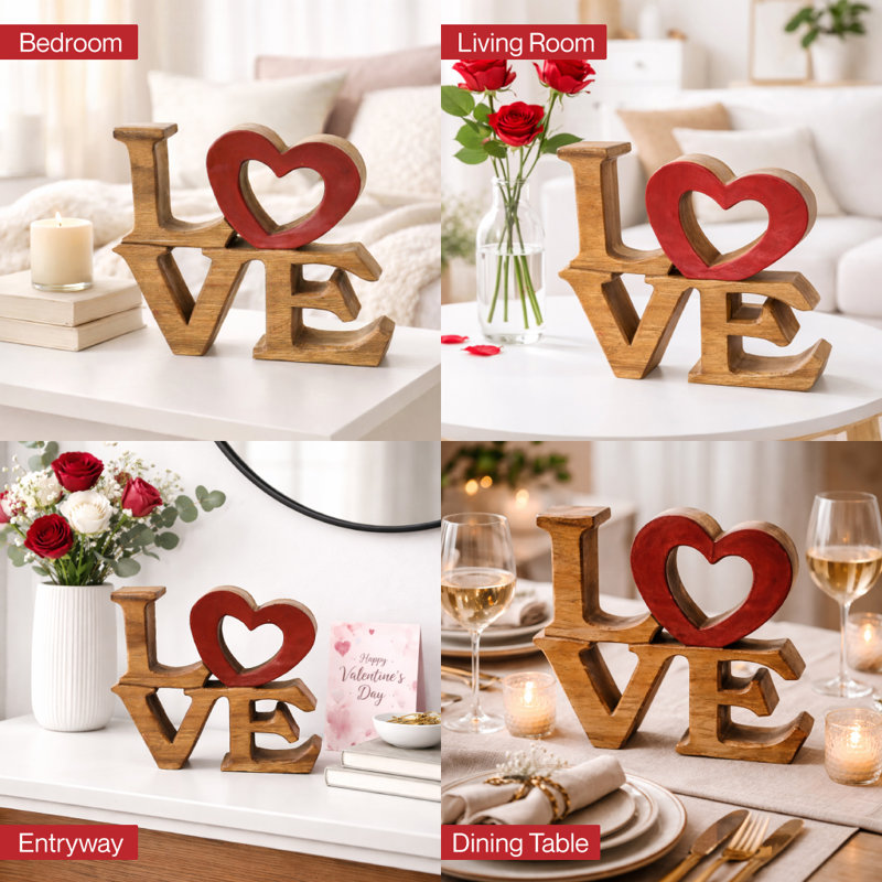 Elmija Handmade Sculpture of LOVE Word with Red Heart Valentines Day Wooden Art Piece for Home Decor