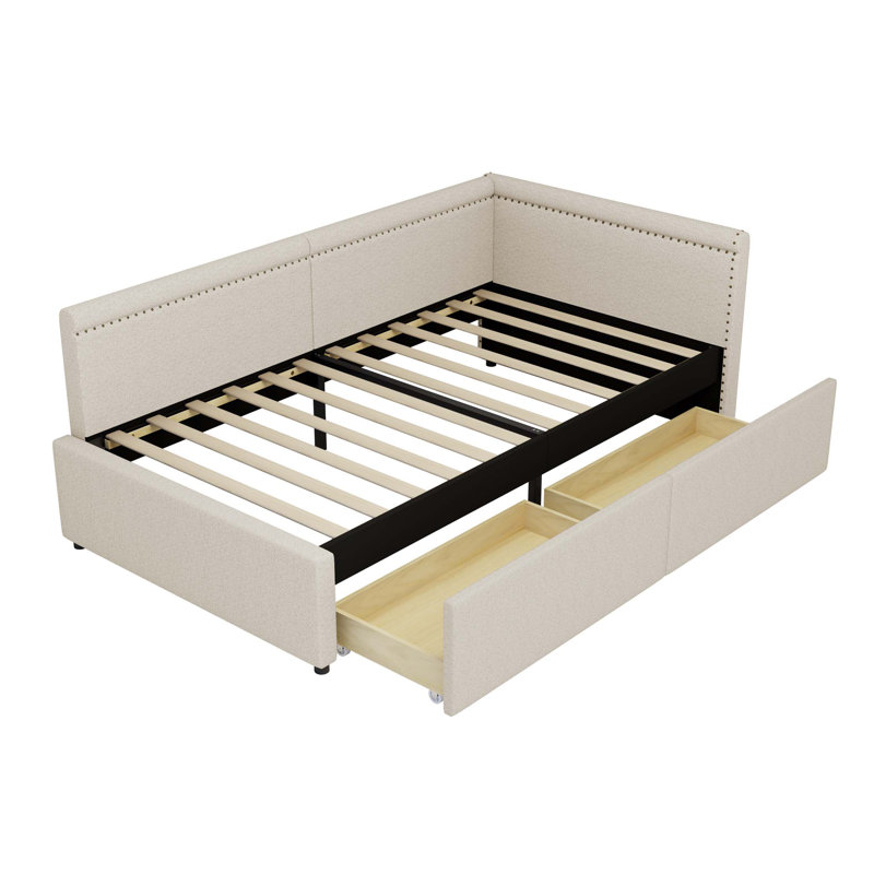 Lit de coin en L de style moderne avec lit simple en lin et deux tiroirs de rangement, Beige