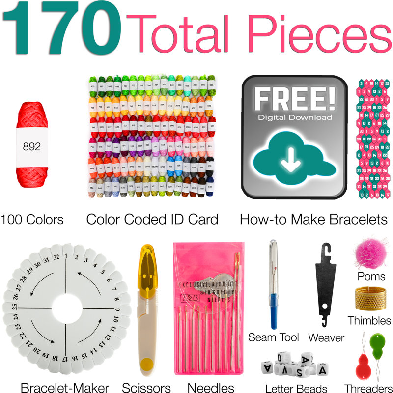 Bracelet Making Kit - 170pc Embroidery Floss Thread & Friendship Bracelet String Kit
