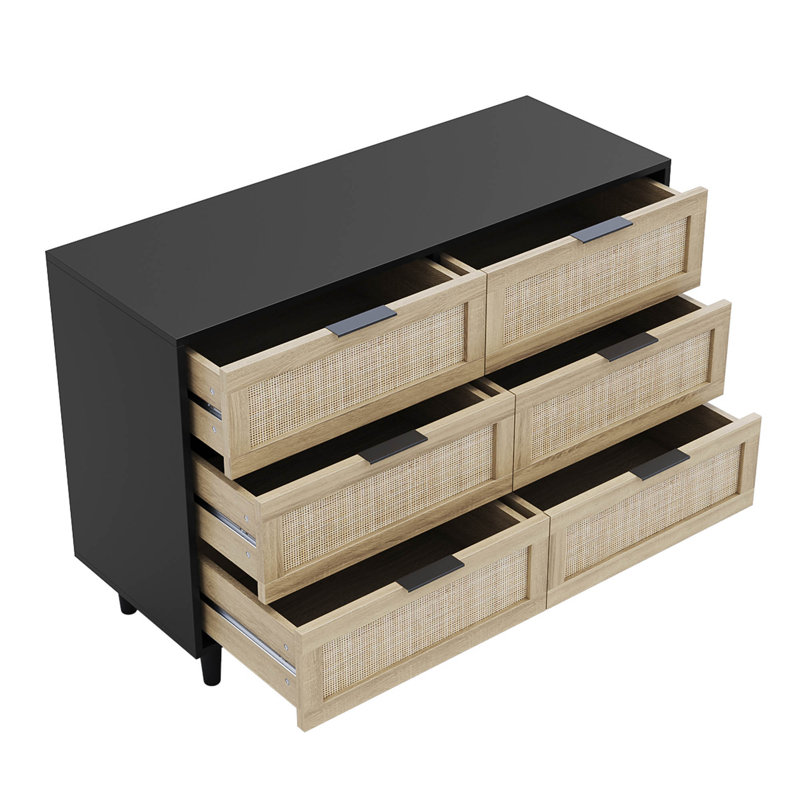 Commode 6 tiroirs pour chambre à coucher, commode en bois et commode avec poignées en métal Aimara, Noir