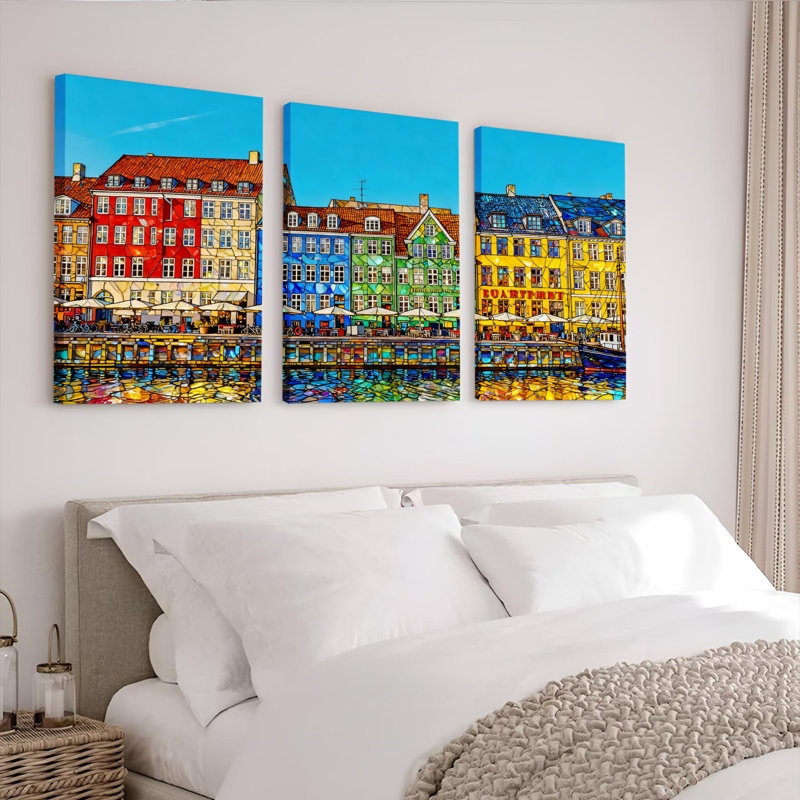 Ensemble de 3 tableaux sur toile représentant des bâtiments colorés au bord de la rivière en Europe, H 24 po x l 48 po