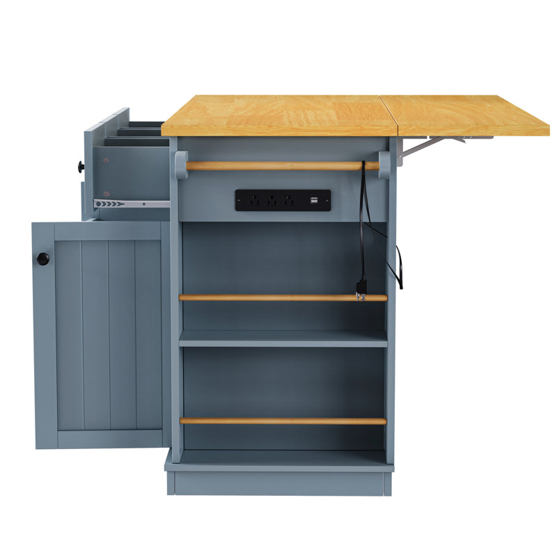 Grey Blue Kitchen Island With 2 Stool Chairs, Power Outlet Coupling, Internal Storage Space, Drop Leaf, 3 Drawers, 5 Side