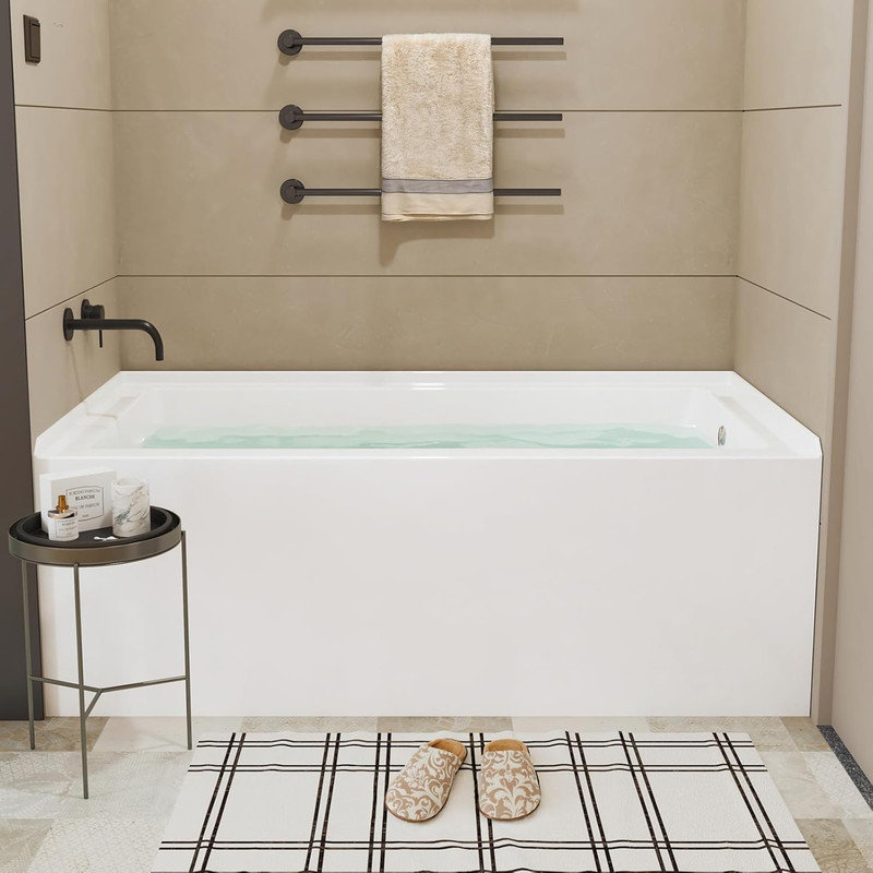 60" Acrylic Alcove Soaking Tub, Rectangular Bathtub with Integral Apron & Brushed Nickel Drain, Left