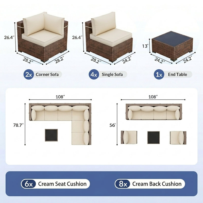 Ensemble de conversation modulaire en rotin avec table basse, Crème