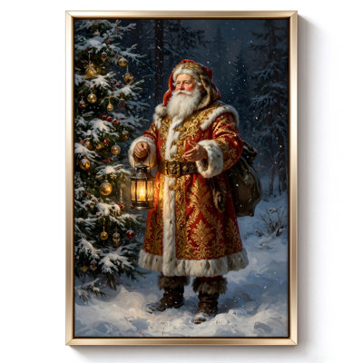 Santa Claus with a Lantern in a Snowy Forest, Framed Canvas Wall Art, Beige Frame, 16 x 24 Inch