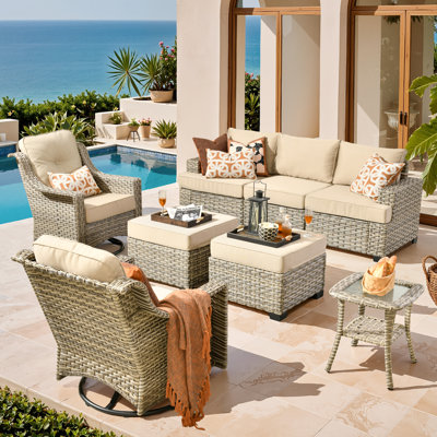 5 - Person Outdoor Conversation Set, Wicker Patio Sofa & Swivel Chair Set with Cushions