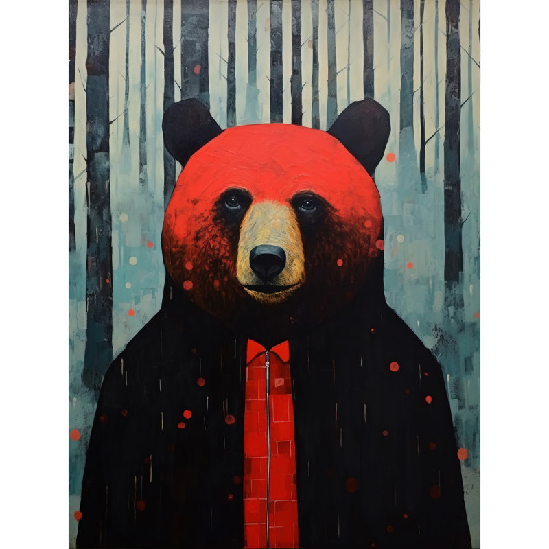 Wall Art Print Hipster Red Bear Artwork Oil Painting Artwork Forest Trees Poster