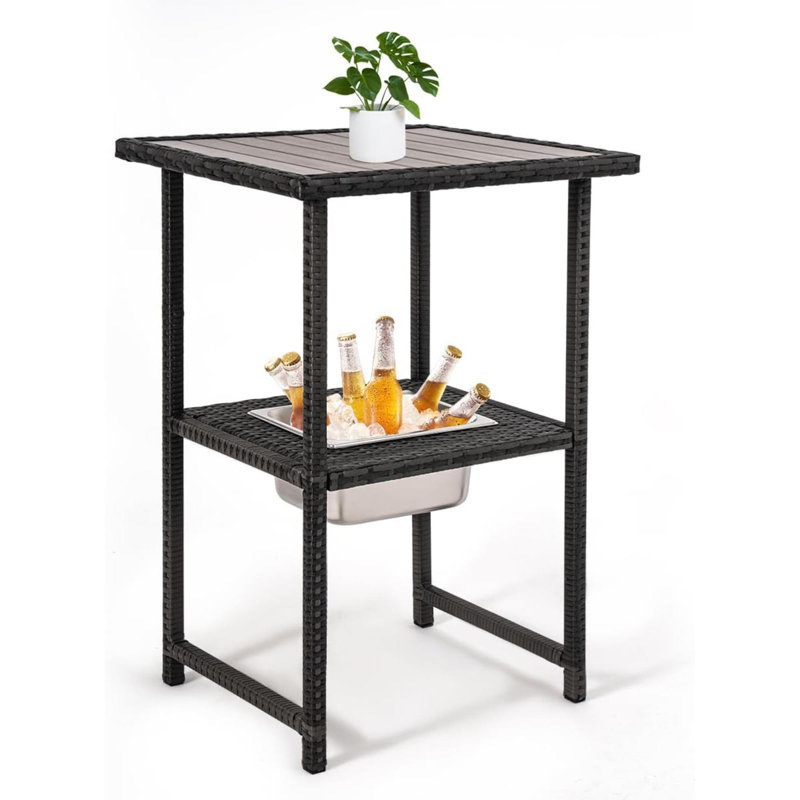 Wicker Table With Ice Bucket  Patio High Top Rattan Pub Table  Outside Tall Dining Table For Outside Deck Porch Balcony Poolside