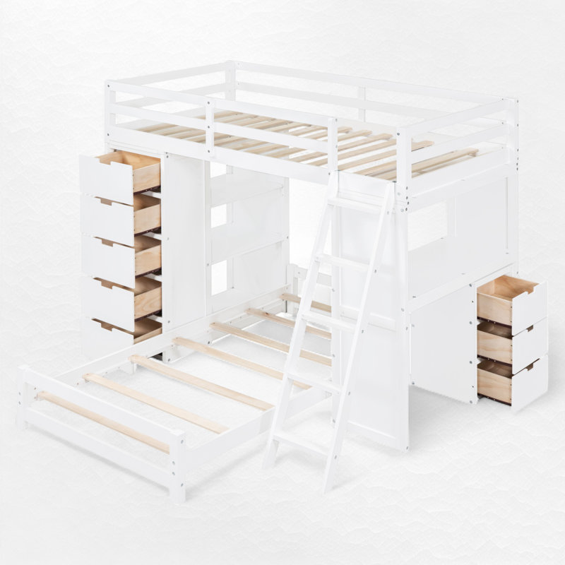 L - Shape Twin Over Twin Bunk Bed With Built-In Desk And Storage, White