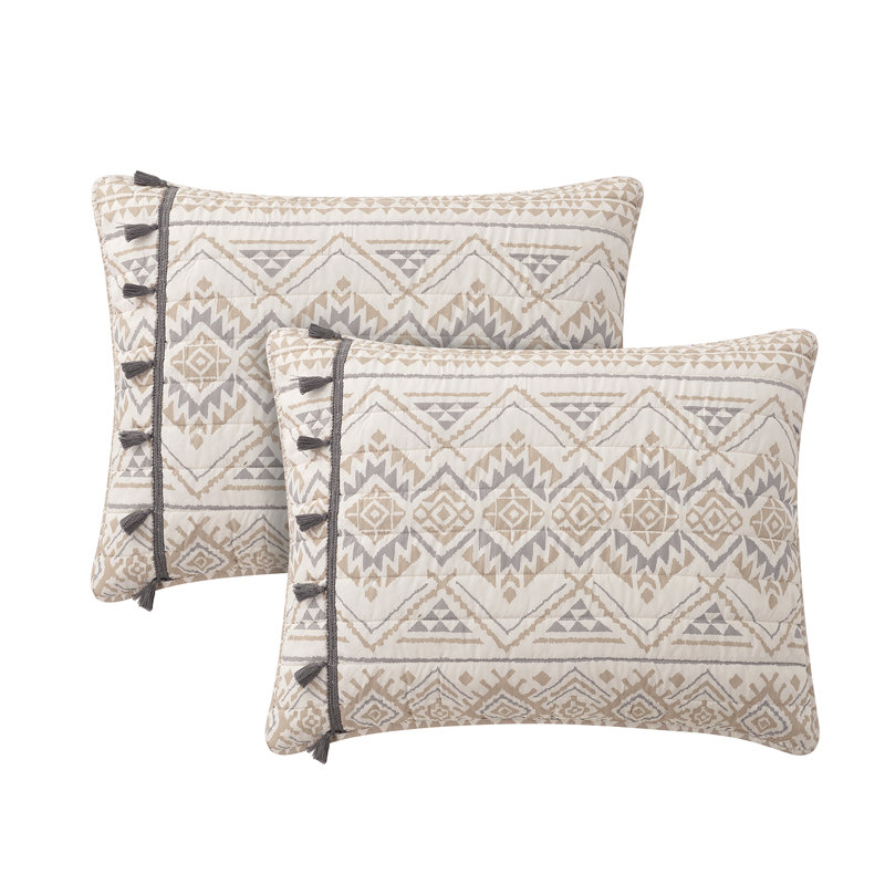 DESIGN STUDIO Nevada Tribal Tan 3-Piece Microfiber Quilt Set with Tassels, King Quilt + 2 King Shams