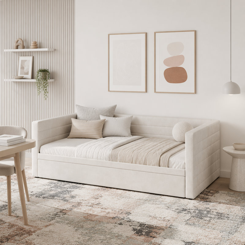 Structure de lit de jour rembourré avec lit gigogne, Beige