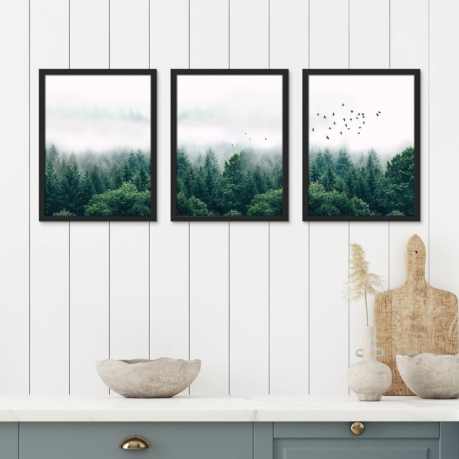 IDEA4WALL Framed Green Pine Tree Wall Art, Set Of 3 Misty Sky Emerald ...