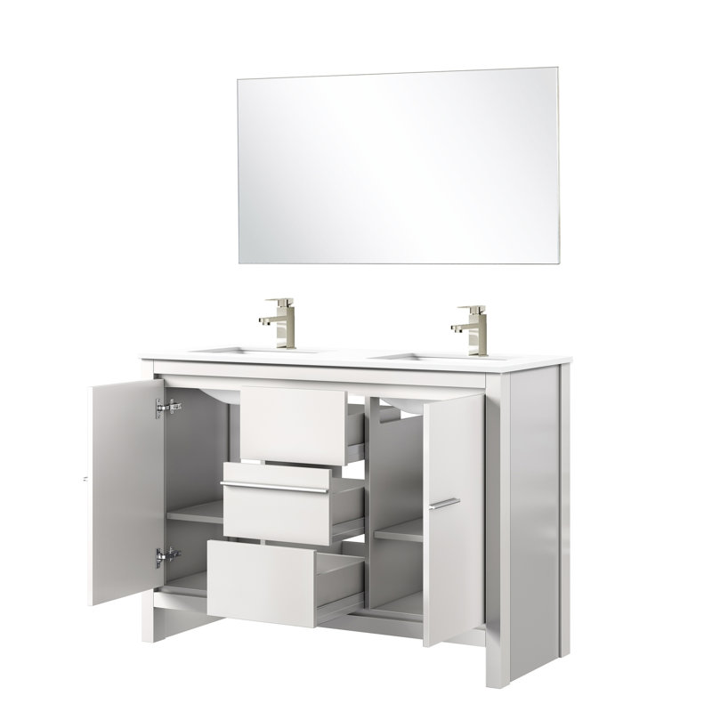 Meuble-lavabo double 48 po L, blanc avec plateau en marbre, robinet en nickel brossé et miroir 43 po