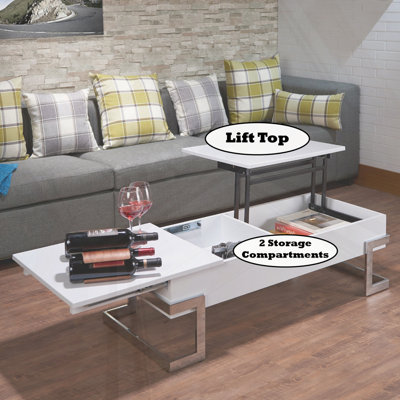 Table basse ultrabrillante avec finition chromée et plateau relevable