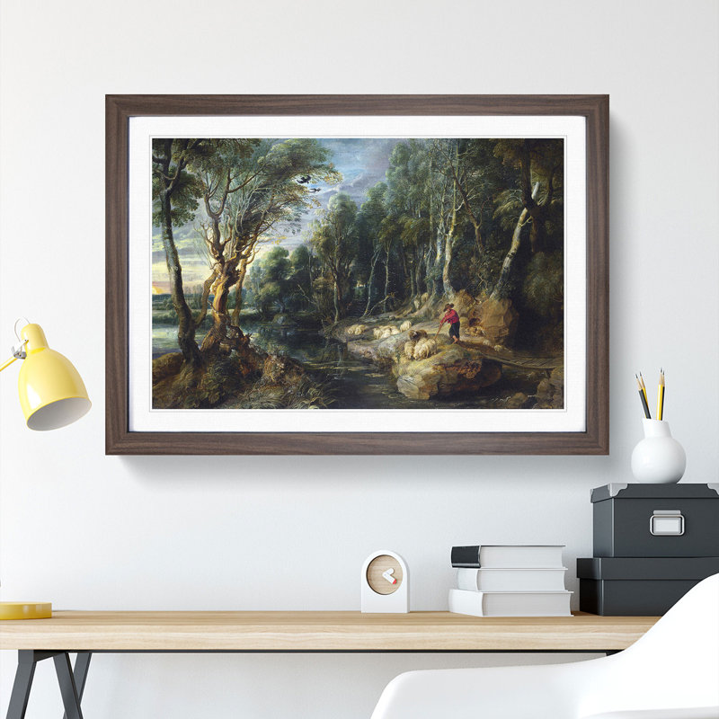A Shepherd with His Flock by Peter Paul Rubens - Picture Frame Painting, Walnut Framed, 27cm H x 36cm W x 2cm D