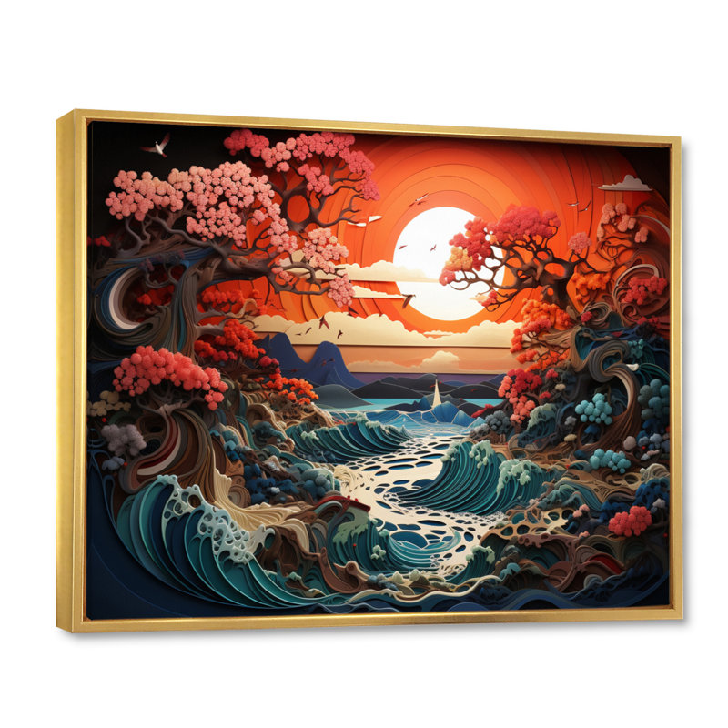Papercut Peach Sunrise Eernal Renewal, H 24 po x l 32 po x P 1 po, Cadre flottant doré